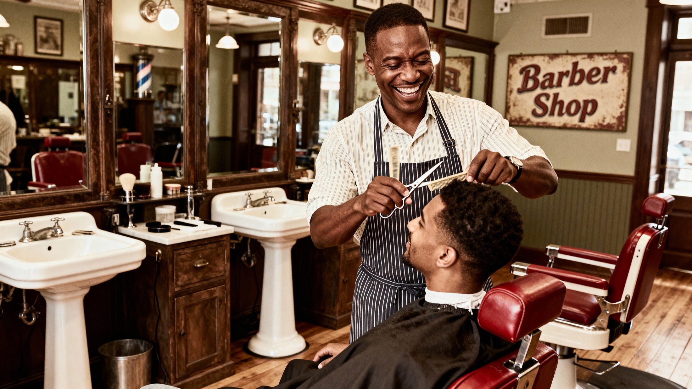 Smiling barber cutting a client's hair